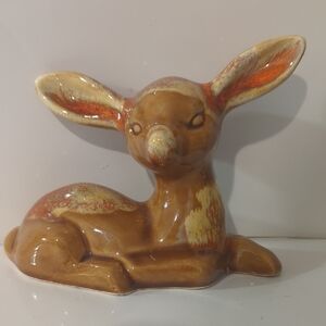 Vintage Ceramic Resting Fawn Deeer Brown/Cream/Orange Glaze Japan